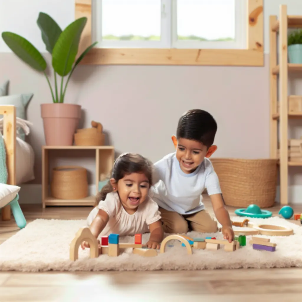 Dzieci bawiące się ekologicznymi, drewnianymi zabawkami w domowym wnętrzu
