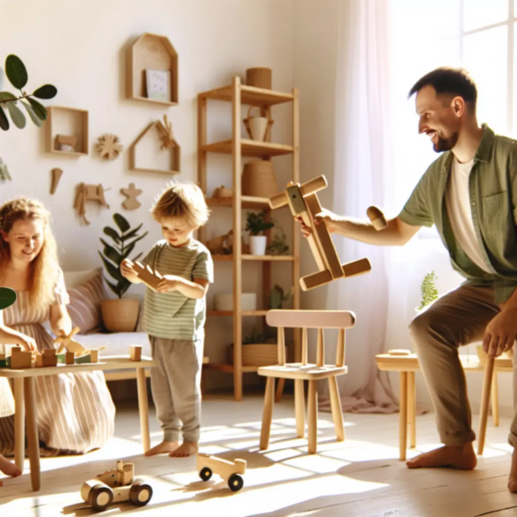 Rodzina bawiąca się drewnianymi, ekologicznymi zabawkami w przytulnym wnętrzu