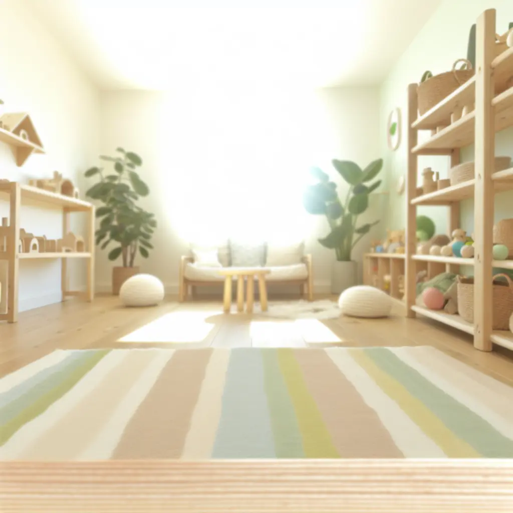 Przytulny, naturalny pokój zabaw z drewnianymi, ekologicznymi zabawkami