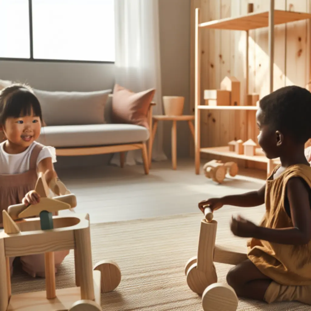 Dzieci bawiące się drewnianymi zabawkami EcoPlayToys w jasnym, naturalnym wnętrzu