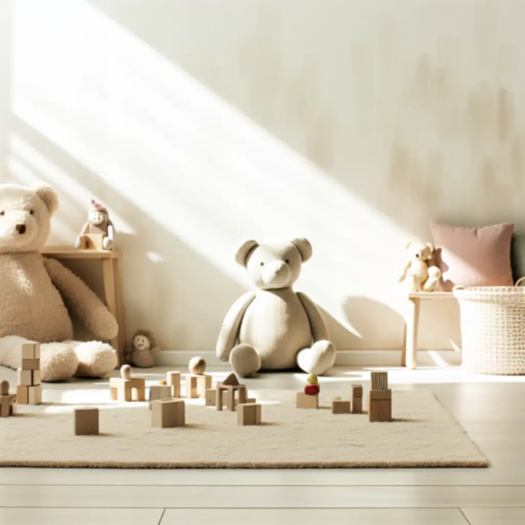 Pokój zabaw z naturalnymi, drewnianymi zabawkami w stonowanych kolorach