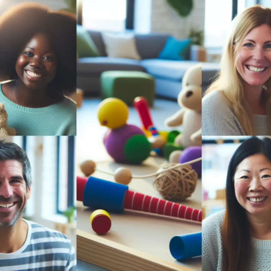 Zespół EcoPlayToys w jasnym pokoju zabaw z drewnianymi zabawkami