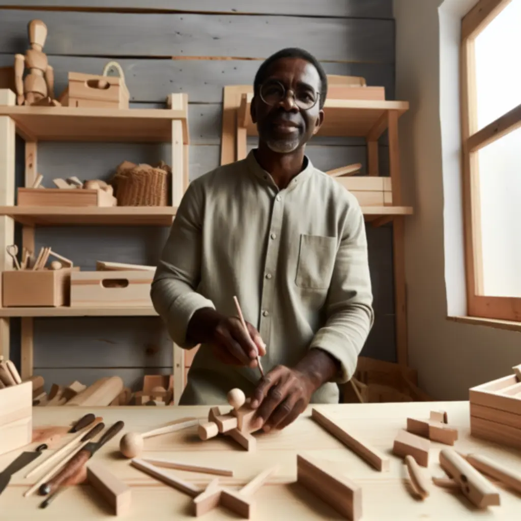 Pracownia z naturalnym światłem, w której rzemieślnicy tworzą drewniane zabawki