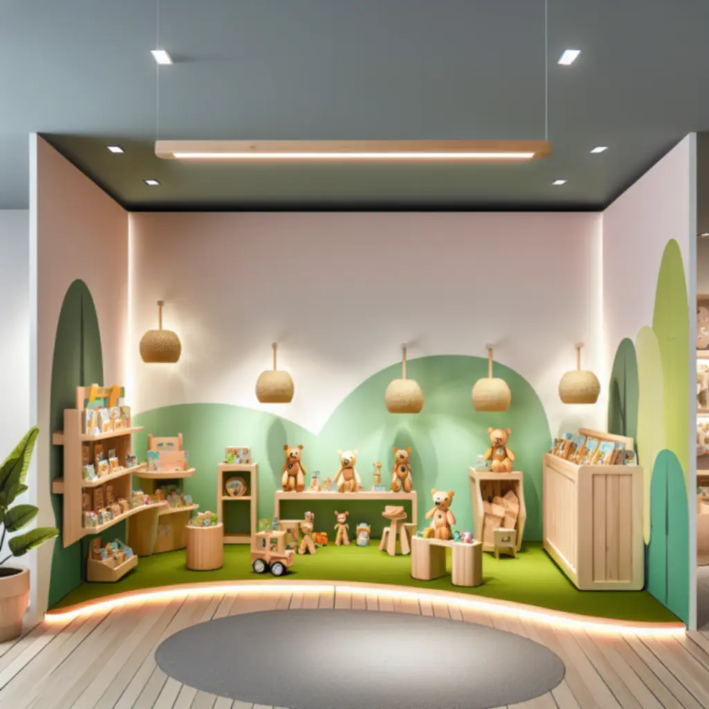 Drewniane, ekologiczne zabawki ułożone na naturalnej półce