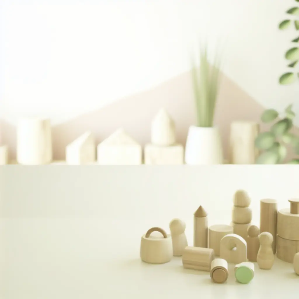 Naturalne drewniane elementy zabawek ułożone na jasnym tle